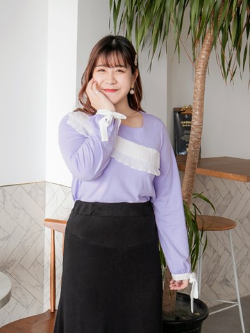 高含棉拼接層次荷葉袖綁帶氣質上衣