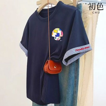 初色 韓系休閒風大碼印花條紋拼接短袖寬鬆圓領T恤上衣女上衣-共3色-19385(M-4XL可選)
