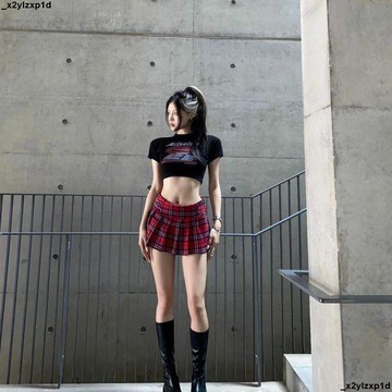 大促銷一 顯瘦半身裙 辣妹短裙 百褶裙 JK學院風短款紅色格子甜辣風百褶格裙美式高腰A字辣妹半身超短裙