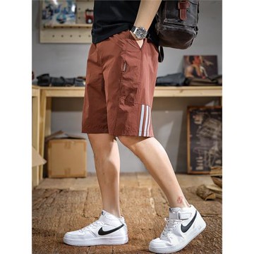 2025夏季戶外登山運動速干冰絲短褲男美式潮流反光三條杠五分中褲
