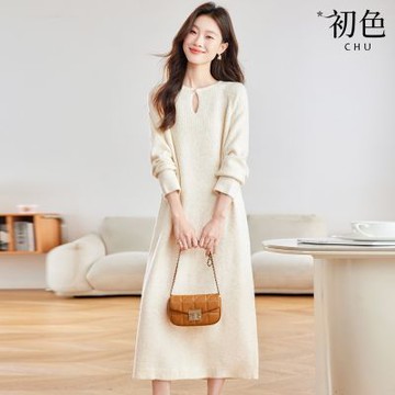 初色 純色圓領長袖寬鬆針織毛衣中長裙連衣裙連身洋裝長裙-共3色-17378(F可選)