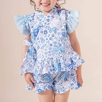 日本 Catherine Cottage - 甜美澎澎荷葉純棉二件式甚平-小花與貓-藍白