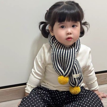 艾米戀 兒童針織 圍巾 秋冬季韓版 洋氣條紋 毛球保暖 女童寶寶 脖套圍脖