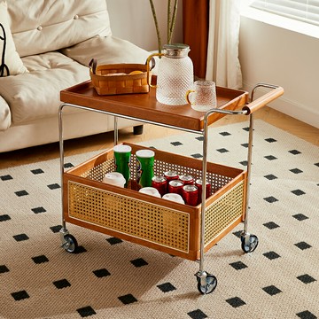 熱銷實木可移動邊幾收納橡膠木小推車客廳沙發儲物置物架藤編簡約餐車