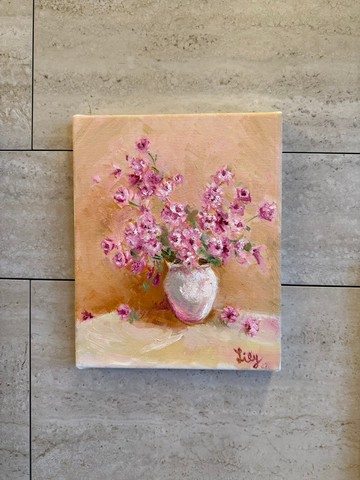 暖日花影 - 粉色花卉油畫 手繪原作 小品畫