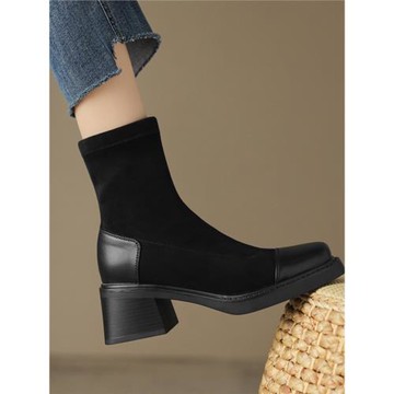 厚底彈力瘦瘦靴女2023新款秋冬季粗跟高跟鞋42絨面短靴大碼41-43
