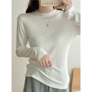 正肩小立領白色內搭磨毛加絨打底衫女半高領春秋冬季長袖T恤上衣