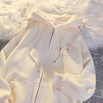 臺灣出貨12H🌈秋冬新款設計感凱蒂貓印花連帽衛衣女加絨加厚寬鬆拉鍊開衫外套女