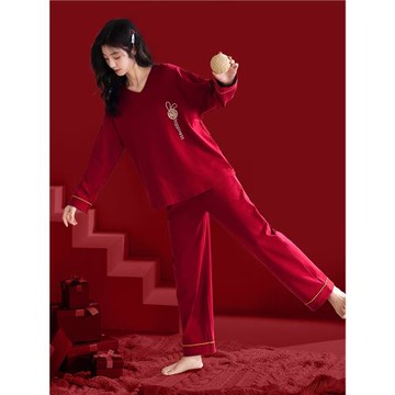 超火睡衣女士春秋季2025新款純棉套頭長袖冬天紅色本命年V領套裝