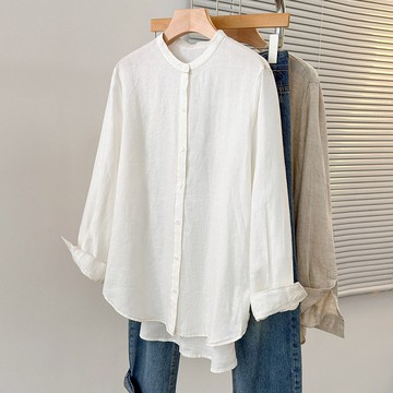 中大尺碼 襯衫 文藝立領開扣棉麻長袖襯衫【074460】SEP25｜2色  19LADY〔現貨〕