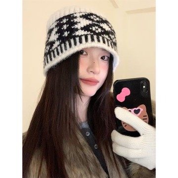 復古菱格小眾設計感針織帽子女保暖護耳秋冬款顯臉小毛線帽冷帽潮