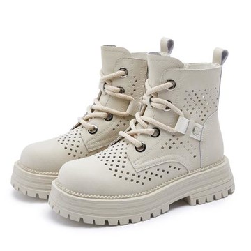 大黃靴女高定鏤空馬丁靴2024新款真皮女靴洞洞復古風內增高女短靴