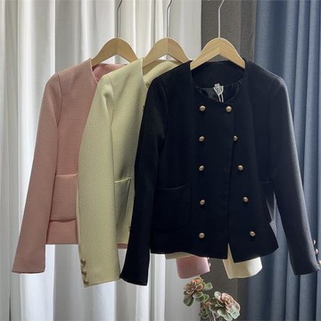 雙排扣小香風外套法式名媛氣質粗花呢短款顯瘦圓領上衣C733