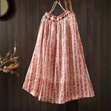 設計所在 棉麻隨性風 苧麻花朵印花薄鬆緊腰垂感a字中長裙(S-M可選)