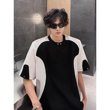 美式高街解構撞色拼接短袖T恤男夏季設計高級感小眾墊肩上衣半袖