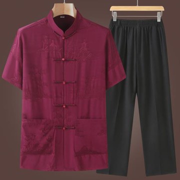 中國風短袖唐裝男爸爸裝防真絲中老年男士寬松薄款套裝爺爺夏衣服