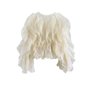 韓版東大門重工木耳邊褶皺女式襯衣圓領微透視長袖雪紡襯衫上衣潮