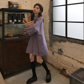 春裝寬松長袖中長款顯瘦襯衫百搭休閑純色立領單排扣上衣女1入