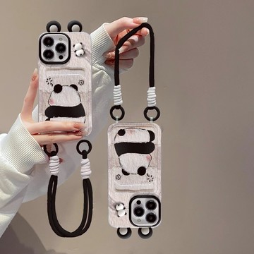 肌理畫 熊貓 公仔 適用 iPhone17 16 15 14 13 12 11 手機殼 卡包 掛繩 矽膠 防摔 創意