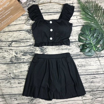 泳裝女ins網紅遮腰肉小清新分體泳衣女顯瘦遮肚純色裙式平角溫