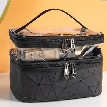 小綠豆居家百貨 最新日韓系設計多功能防水雙層收納包 尼龍材質 多格分層  23 x 19 x 14cm  幾何黑