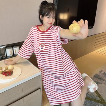 條紋卡通小熊短袖睡裙女夏季純棉寬松中長款可愛圓領睡衣家居服