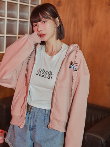 刺繡小狗加絨連帽拉鍊外套