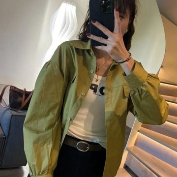 設計感大尺碼襯衫 抽繩短版長袖 氣質開衫外套 春季百搭 美式休閒高級感 梨型身材遮肉 韓系微胖女孩穿搭