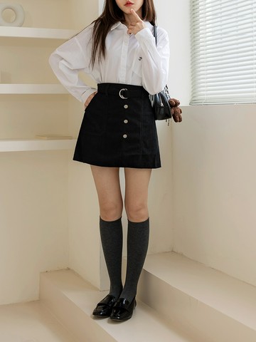 燈芯絨不對稱口袋後鬆緊短裙(附腰帶)