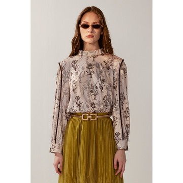 AVVJOY法式花朵字母印花微立領線條長袖上衣布料柔軟舒適微立領復古優雅寬鬆版型穿出法式女伶韻味