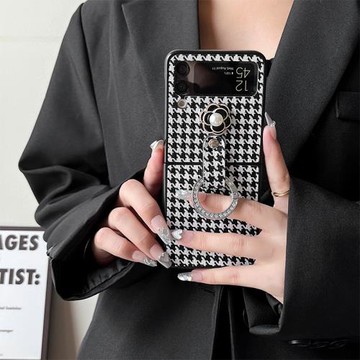 適用于ZFlip5珍珠山茶花findn3flip三星折疊屏韓國翻蓋式zflod6手機殼w24flip水鉆指環扣黑白格xflip潮流個性