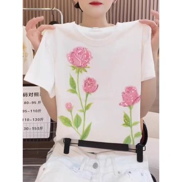 2026夏季新款時尚高級感刺繡短袖T恤女小眾重工釘珠花朵圓領上衣