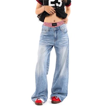 0123Start 水洗貓須做舊淺藍色牛仔褲男女寬松美式高街復古直筒褲