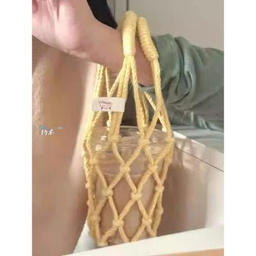 雙提手水杯網兜杯子套手工編織戶外休閑手拎水杯網兜復古網紅杯套