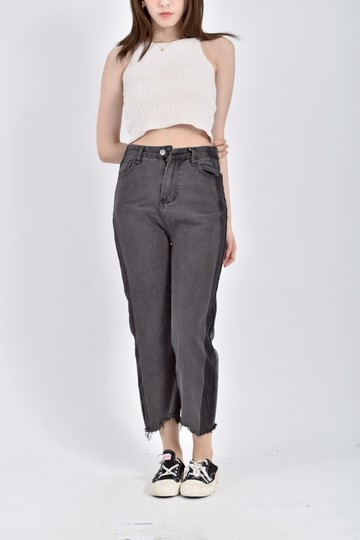 加購優惠(S) jeans高腰丹寧牛仔色差黑色長褲