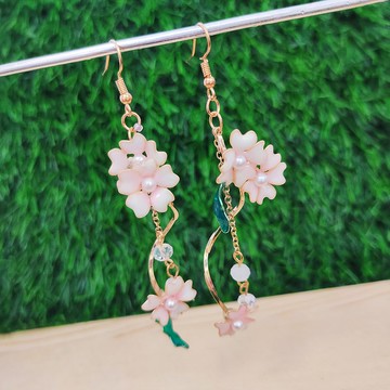 盛開櫻花垂墜耳環 時尚寶石膠/樹脂櫻花耳環 可改夾式