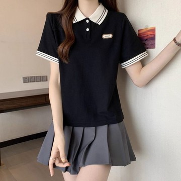 學院風時尚T恤女 上衣 T恤 短袖衫 韓系服飾 大碼女裝夏季寬鬆短袖T恤胖mm顯瘦遮肉正肩時尚學院風Polo領上衣