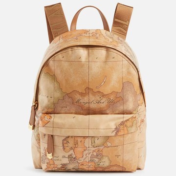 【Alviero Martini 義大利地圖包】PU尼龍拉鍊後背包25cm-地圖黃