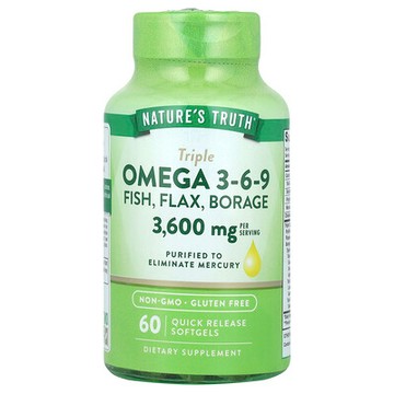 Nature's Truth, 三重 Omega 3-6-9，魚類，亞麻，玻璃苣，3600 毫克，60 粒速釋軟膠囊（每粒軟膠囊 1200 毫克）