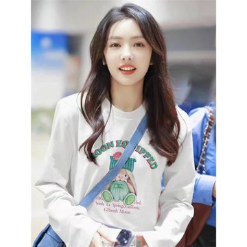 明星蔡文靜同款兔子印花白色純棉長袖t恤女秋裝2025新款韓系上衣
