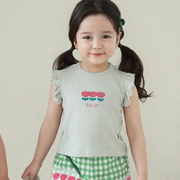 TONGMO - 圓領緹花小飛袖背心-小花-綠色