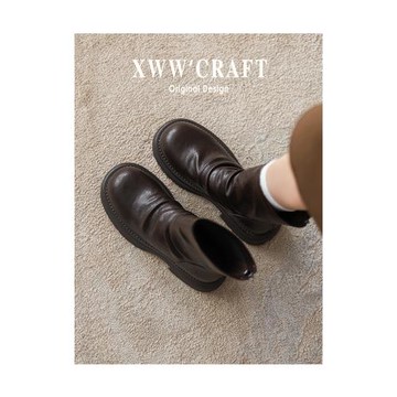 真皮加絨馬丁靴女2025秋冬厚底粗跟彈力堆堆靴顯腳細皺褶瘦瘦短靴