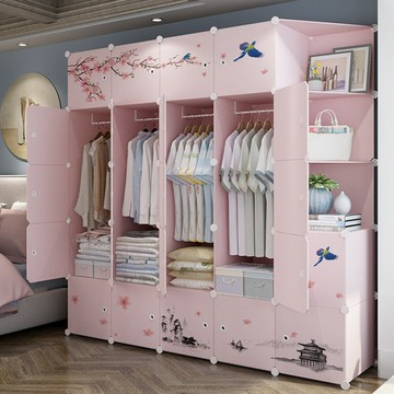 簡易衣櫃家用臥室收納櫃子兒童女孩粉色出租房用儲物櫃組裝布衣櫥