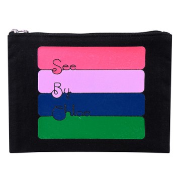 See By Chloe 經典造型色彩草寫LOGO帆布拉鏈手拿包(大/綠)