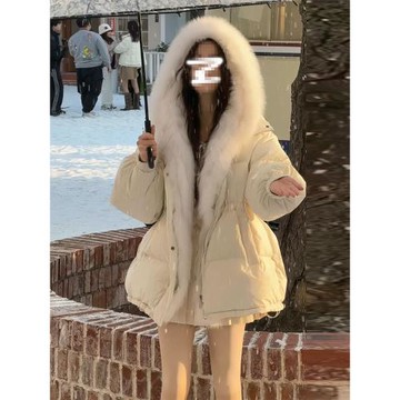 韓系精致輕奢大毛領連帽白色羽絨棉服加厚保暖甜美時髦寬松外套