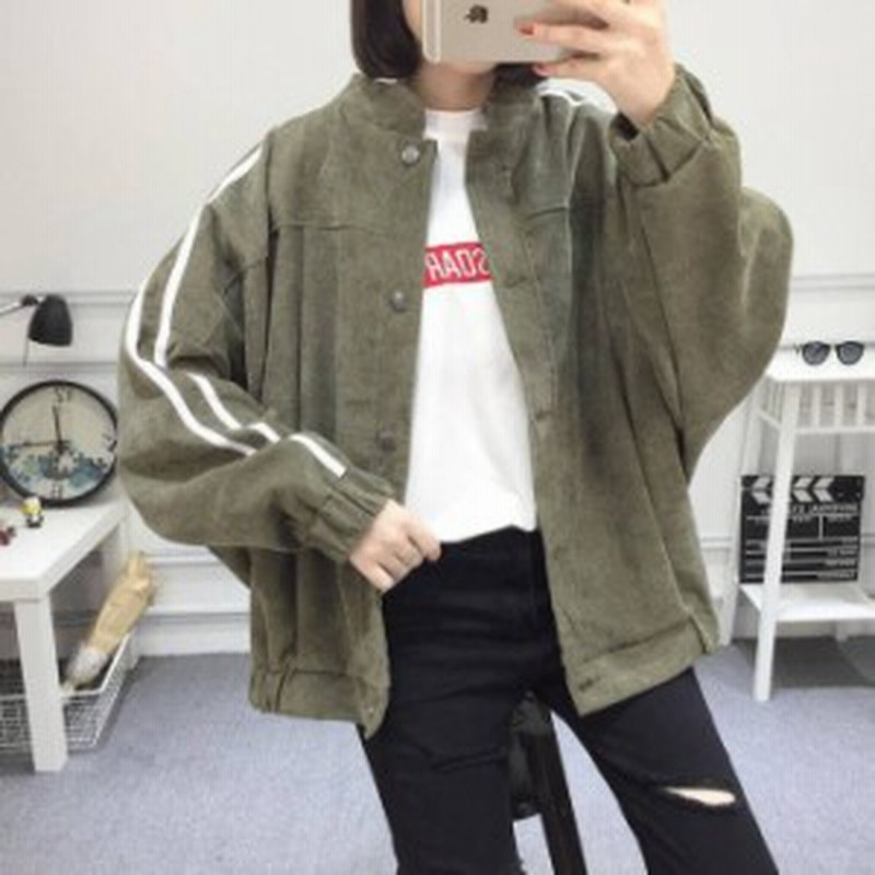 韓国 ファッション レディース ブルゾン ジャンパー ジャケット アウター コーデュロイ ライン ノーカラー ゆったり スポーティ カジュア 通販 Lineポイント最大3 0 Get Lineショッピング