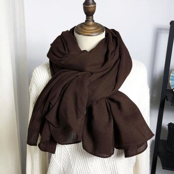 秋冬季新款棉麻圍巾女咖啡色純色春秋長款絲巾韓版百搭超大圍脖女