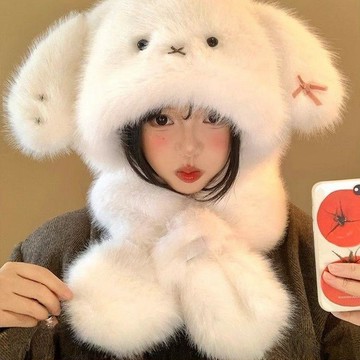 新款可愛小狗耳朵毛絨帽子圍巾一體女秋冬加厚保暖護耳雷鋒帽 毛絨帽子圍巾一體騎車 毛線帽 針織帽 毛帽 可愛毛帽 保暖護耳