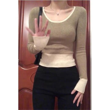 秋冬女裝韓系chic別致修身內搭撞色圓領露鎖骨收腰針織打底衫上衣