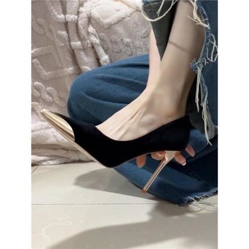 輕奢黑色絨面高跟鞋女細跟2025新款秋冬宴會氣質御姐淺口尖頭單鞋